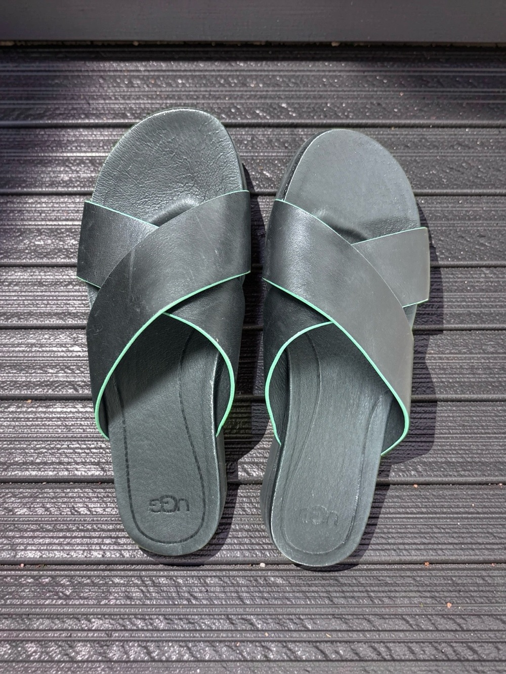 UGG Women's Black Slide Sandals with Mint Piping